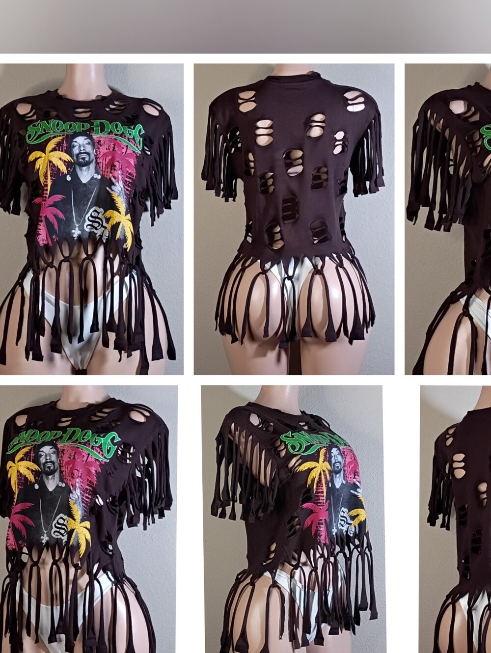 Snoop Dogg Custom Brown Distressed Fringe Crop Tee with Neon Palm Print